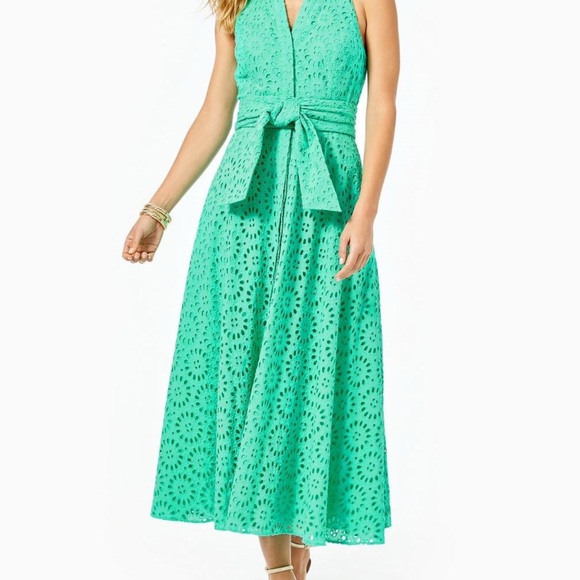 Lilly Pulitzer Chrisella Eyelet Embroidered Midi Dress - Green Blue Summer - Picture 3 of 14